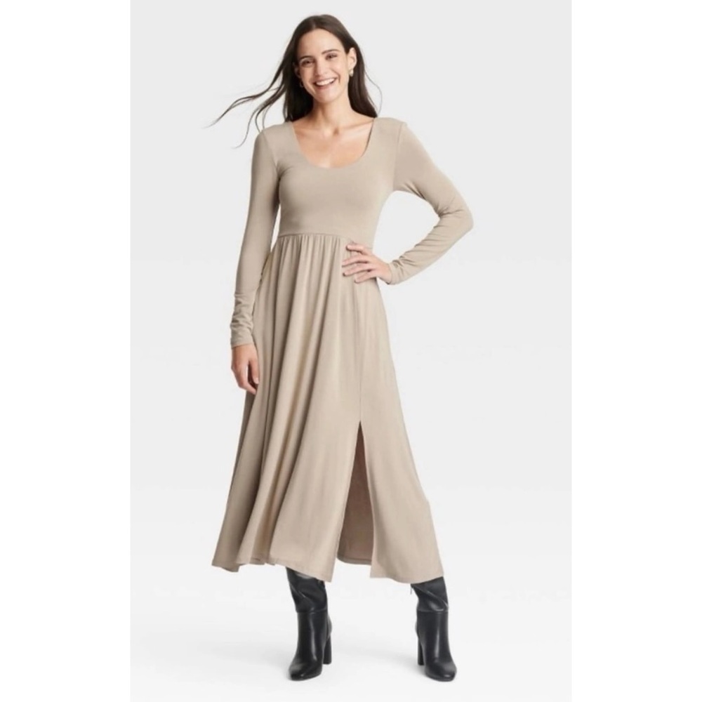 a new day Long Sleeve Scoop Neck Midi Dress with Leg Slit in Tan Beige Size M